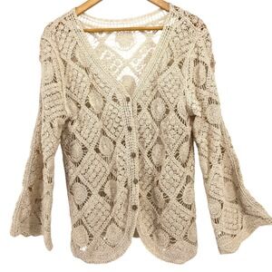 Crochet Circle Button Front Cardigan Kimono Beige Open Knit Bell‎ Sleeve V Neck